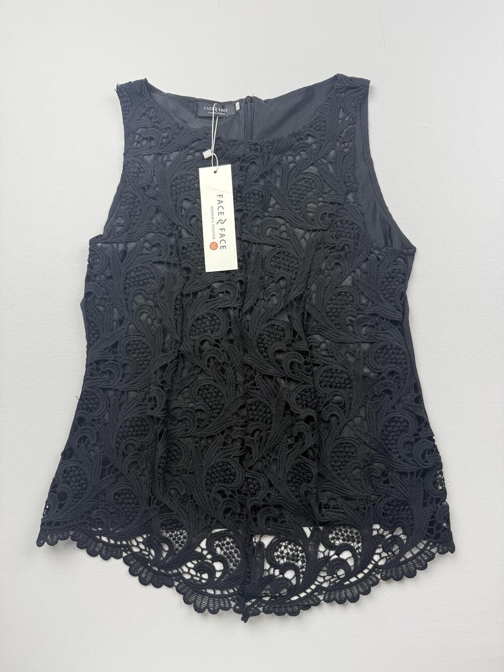FACE 2 FACE Tank Top Womens XL Black Round Neck Sleeveless Lace Scallop Hem